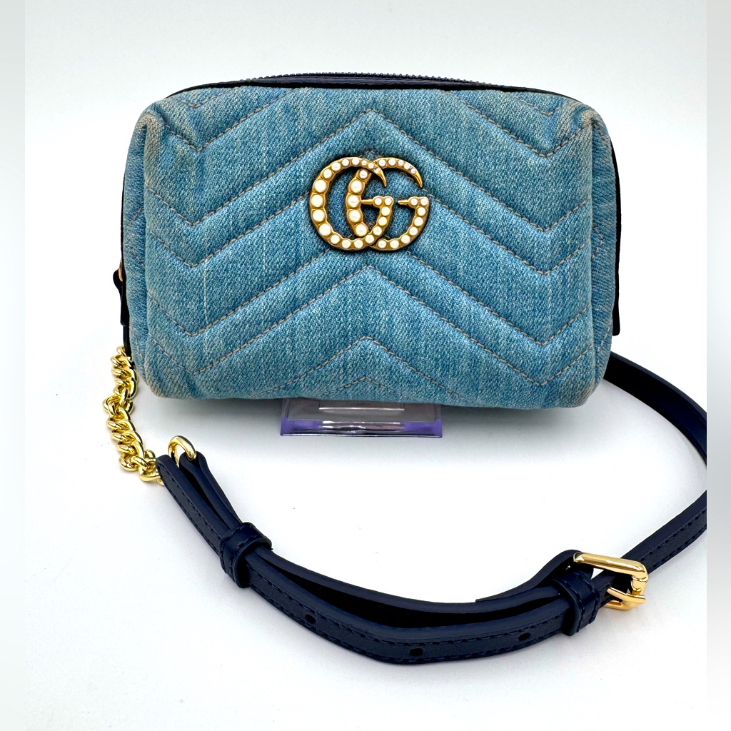 Gucci Denim Pearl Marmont Cosmetic Case With Strap
